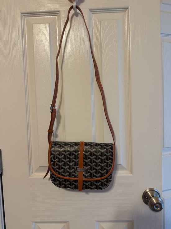 Handbags - Brown Patterned Crossbody Bag with Leather Trim